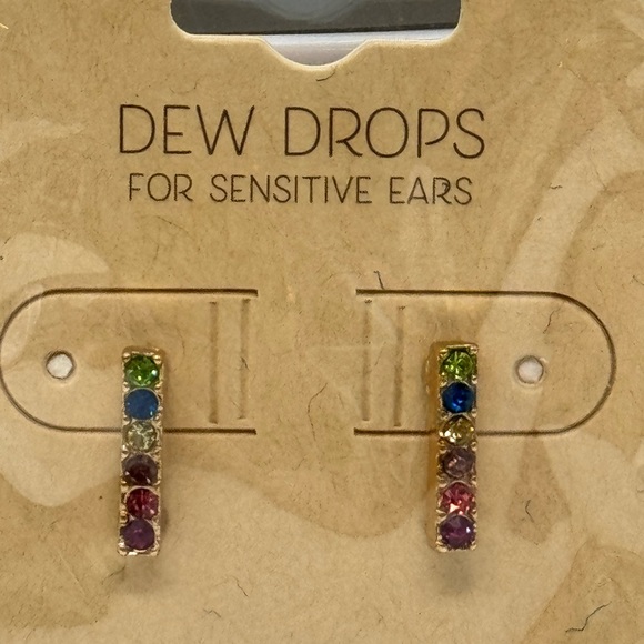 Dew Drops Multicolor Rhinestone Bar,  Set in Gold Tone Post Earrings - Picture 3 of 6